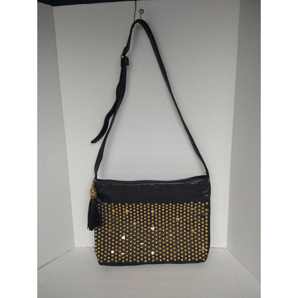 Paul Joseph Vintage Black Gold Studded Leather Crossbody Bag made in USA 80s70s